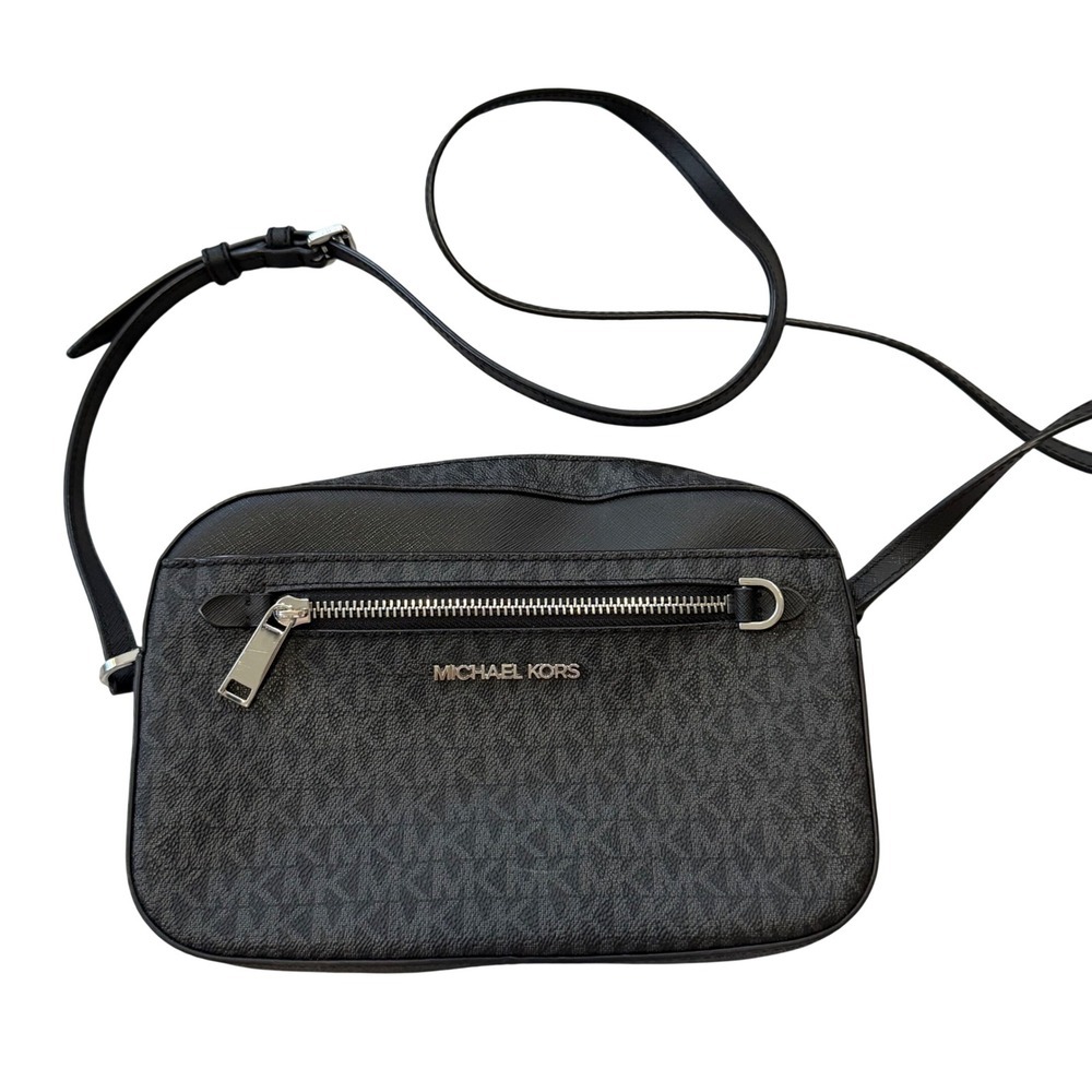 Michael Kors Jet Set Signature Monogram Camera Bag Crossbody Black Silver